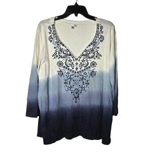 VIP Knits by Avenue Womens Blue OmbrÃ© Embroidered V-Neck Tunic Top Plus 18/20